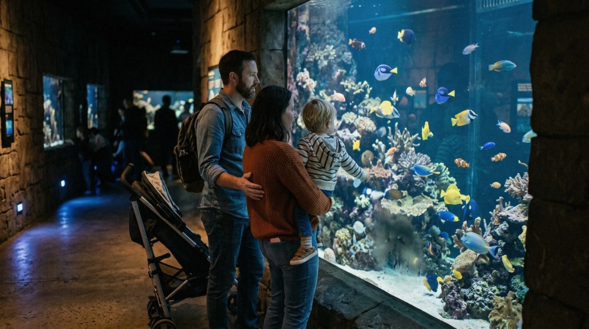 A family with a small child in front of a reef tank, a typical scene at a Seoul aquarium with kids