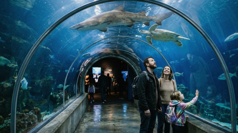 Sharks and shoaling fish above the walk-through tunnel at SEA LIFE COEX, the Seoul aquarium inside Starfield COEX Mall in Gangnam