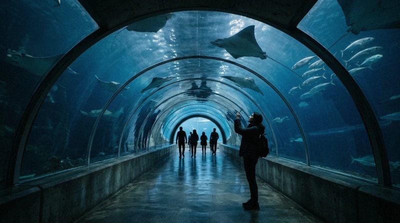 Visitors under the 85-metre underwater tunnel at Lotte World Aquarium, the Seoul aquarium beneath Lotte World Mall in Jamsil